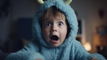 Facing Fears, Brave Kid Confronts Nightmares and Imaginary Monsters. photo