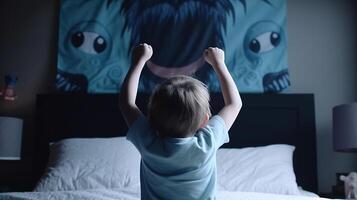 Facing Fears, Brave Kid Confronts Nightmares and Imaginary Monsters. photo