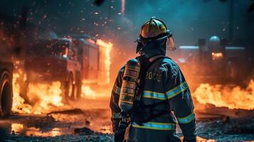 The Heroic Firefighter Battling an Epic Blaze. photo