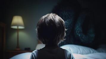 Facing Fears, Brave Kid Confronts Nightmares and Imaginary Monsters. photo