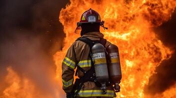 The Heroic Firefighter Battling an Epic Blaze. photo