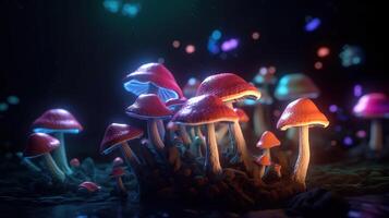 luminoso vistoso hongos en un psicodélico espacio fantasía. generativo ai foto