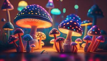 luminoso vistoso hongos en un psicodélico espacio fantasía. generativo ai foto