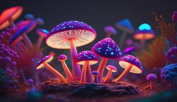 Luminous Colorful Mushrooms in a Psychedelic Space Fantasy. photo