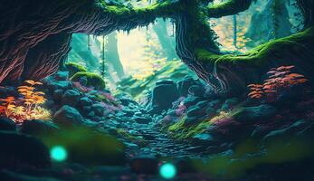 A Fantasy Forest with Glowing Trees and Luminescent Flowers. photo