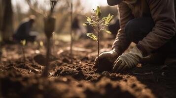 Person Planting Trees in a Community Garden to Promote Local Food Production and Habitat Restoration. photo