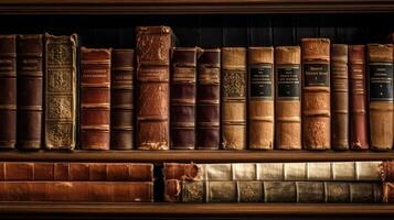 A Stack of Antique Leather Books in a Vintage Library. photo