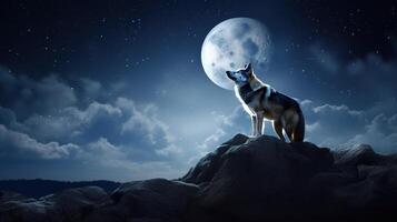 majestuoso lobo mirando a el de luna cielo. generativo ai foto
