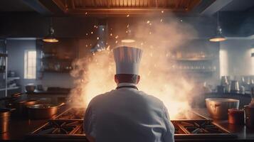 el Maestro cocinero en acción, creando culinario magia en medio de fumar y llamas en el restaurante cocina. generativo ai foto