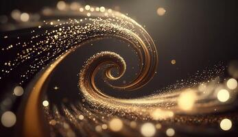 Explosion and swirl of gold sparkles background. photo