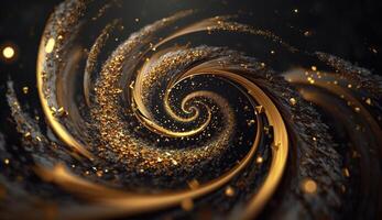 Explosion and swirl of gold sparkles background. photo