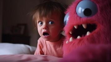 Facing Fears, Brave Kid Confronts Nightmares and Imaginary Monsters. photo