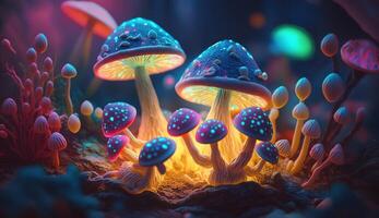 Luminous Colorful Mushrooms in a Psychedelic Space Fantasy. photo