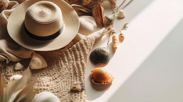 un verano plano laico de conchas y un sombrero en el playa. generativo ai foto