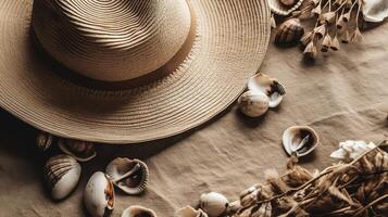 A Summer Flat Lay of Shells and a Hat on the Beach. photo