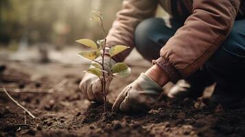 Person Planting Trees in a Community Garden to Promote Local Food Production and Habitat Restoration. photo