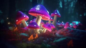 luminoso vistoso hongos en un psicodélico espacio fantasía. generativo ai foto