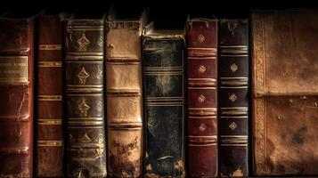 A Stack of Antique Leather Books in a Vintage Library. photo