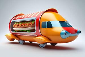 3D Hot Dog Delivery. Fast food hot dog car. Mascot hot dog speed car design. Logotype for restaurant or cafe. Street food festival symbol with hot dog in cartoon style. photo