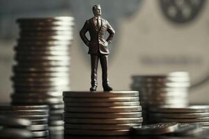 Business man figurine on top of coins pyramid, money coins background. photo