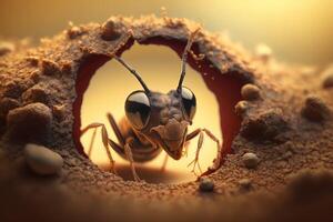hormiga madriguera macro zoom. ai generado foto