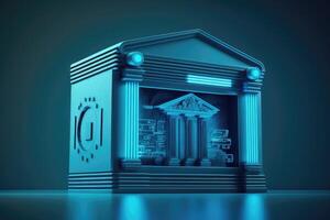 Glowing blue digital bank icon on blue backdrop with mock up place. Online banking and transaction concept. photo