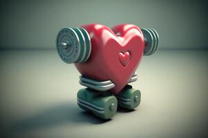 Heart holds dumbbell. Strong heart from exercise concept. photo