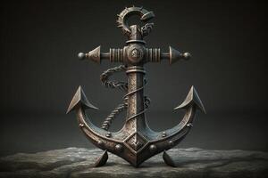 3D Ancient metal anchor. Dark tone front straight view. photo