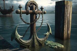 3D ancient metal anchor drop to the water. photo