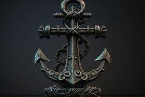 3D Ancient metal anchor. Dark tone front straight view. photo