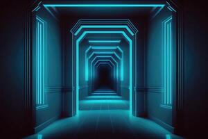 AI Generated Night club empty room interior. Tunnel or corridor blue neon background. photo