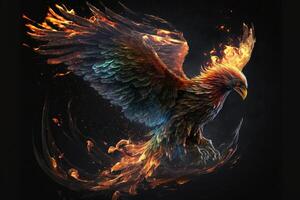 Flaming phoenix in mid-air on dark background. photo