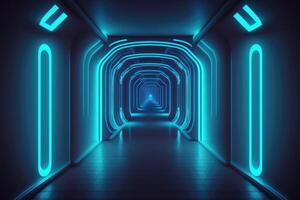 AI Generated Night club empty room interior. Tunnel or corridor blue neon background. photo