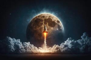 to the Moon. Rocket with launch into the atmosphere to the moon. photo