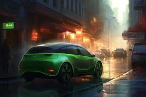 Green neon electric car. Generate Ai photo