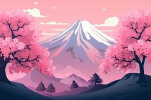 Sakura tree and big mountains. Generate Ai photo