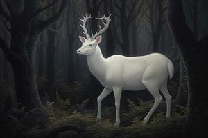 White deer in magical forest. Generate Ai photo