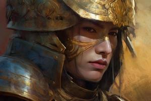 Fantasy warrior with gold helmet. Generate Ai photo