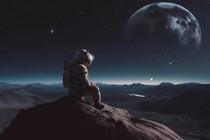 Astronaut sitting on planet at sunset. Generate Ai photo