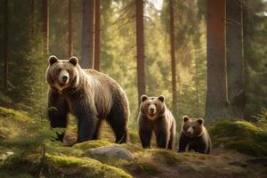 Bear family forest. Generate Ai photo