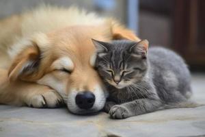 Cat on dog sleeping. Generate Ai photo