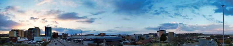 Ultra Wide Panoramic High Angle View of Luton City of England. Aerial View of Town was Captured on 17-April-2023 with Drone's Camera from Low Altitude. photo