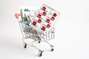 Shopping trolley with blister pill and capsule from drug prescription, pharmacy for treatment health medicine. photo
