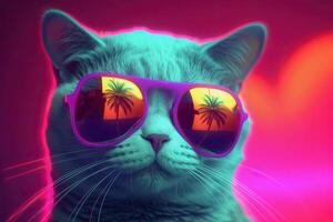 Cat in sunglasses, neon background. Pop art style portrait. photo