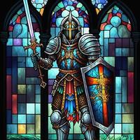 Arch stained glass window with medieval knight. 3D illustration photo