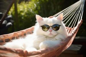 White cat in sunglasses in hammock in garden. Generative AI photo