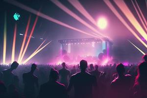 Silhouette of people at concert or music festival with neon lights. AI photo