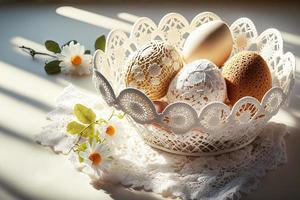 Handmade Easter eggs with white lace floral design and spring flowers on table photo