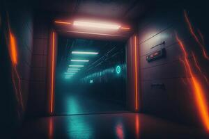 Futuristic science fiction background with tunnel and neon light beams. photo