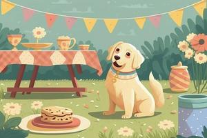 Card for birthday dog party or garden puppy picnic with happy dog photo